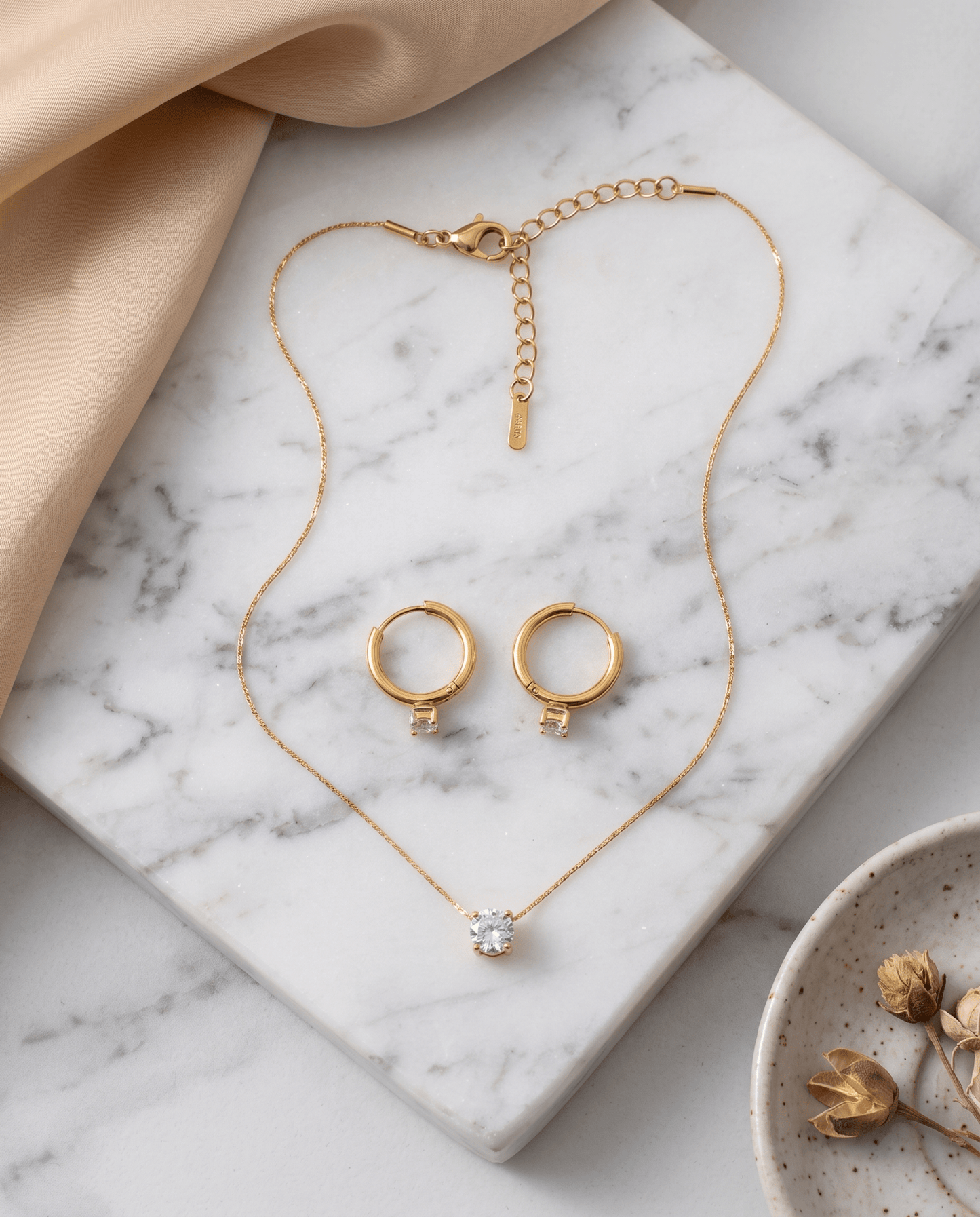 Dainty Solitaire Crystal Necklace & Hoop Earrings Set - Maxiblink