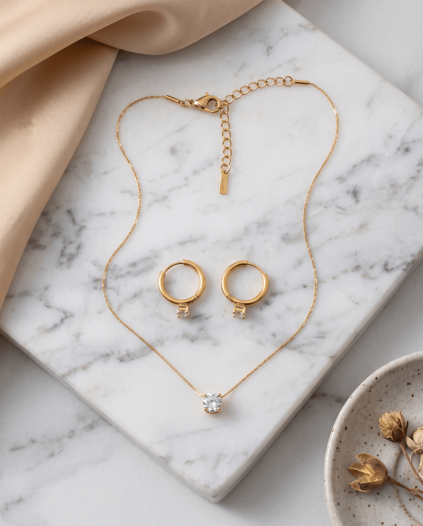 Dainty Solitaire Crystal Necklace & Hoop Earrings Set - Maxiblink