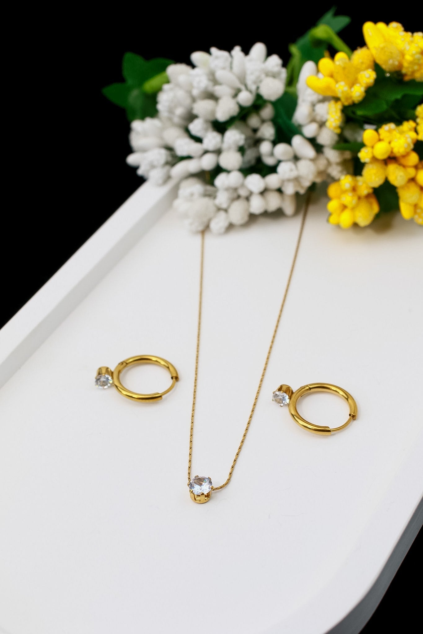 Dainty Solitaire Crystal Necklace & Hoop Earrings Set - Maxiblink