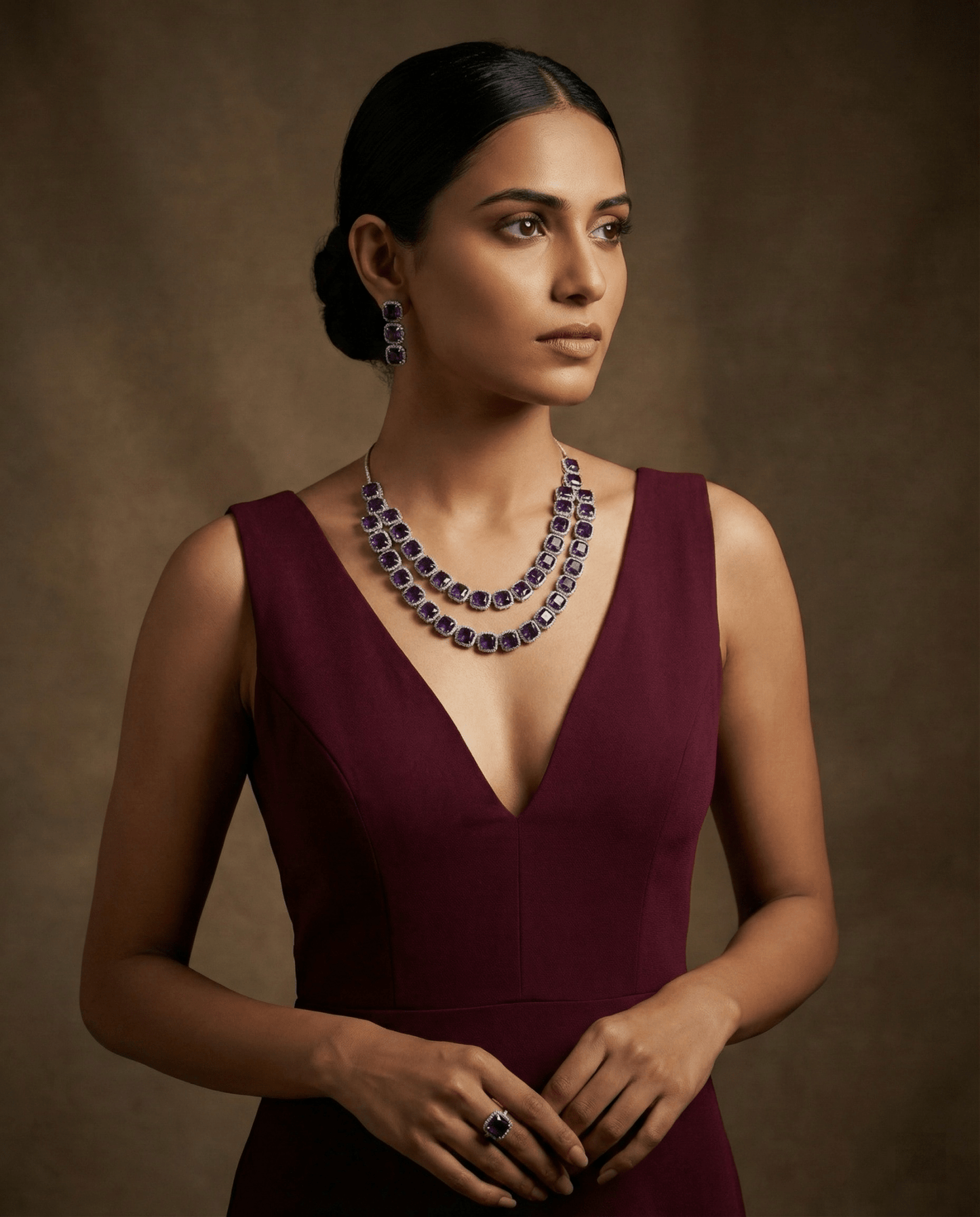 Deep Violet Double Layer Necklace Set with Crystal Border | Luxury Evening Jewellery - Maxiblink