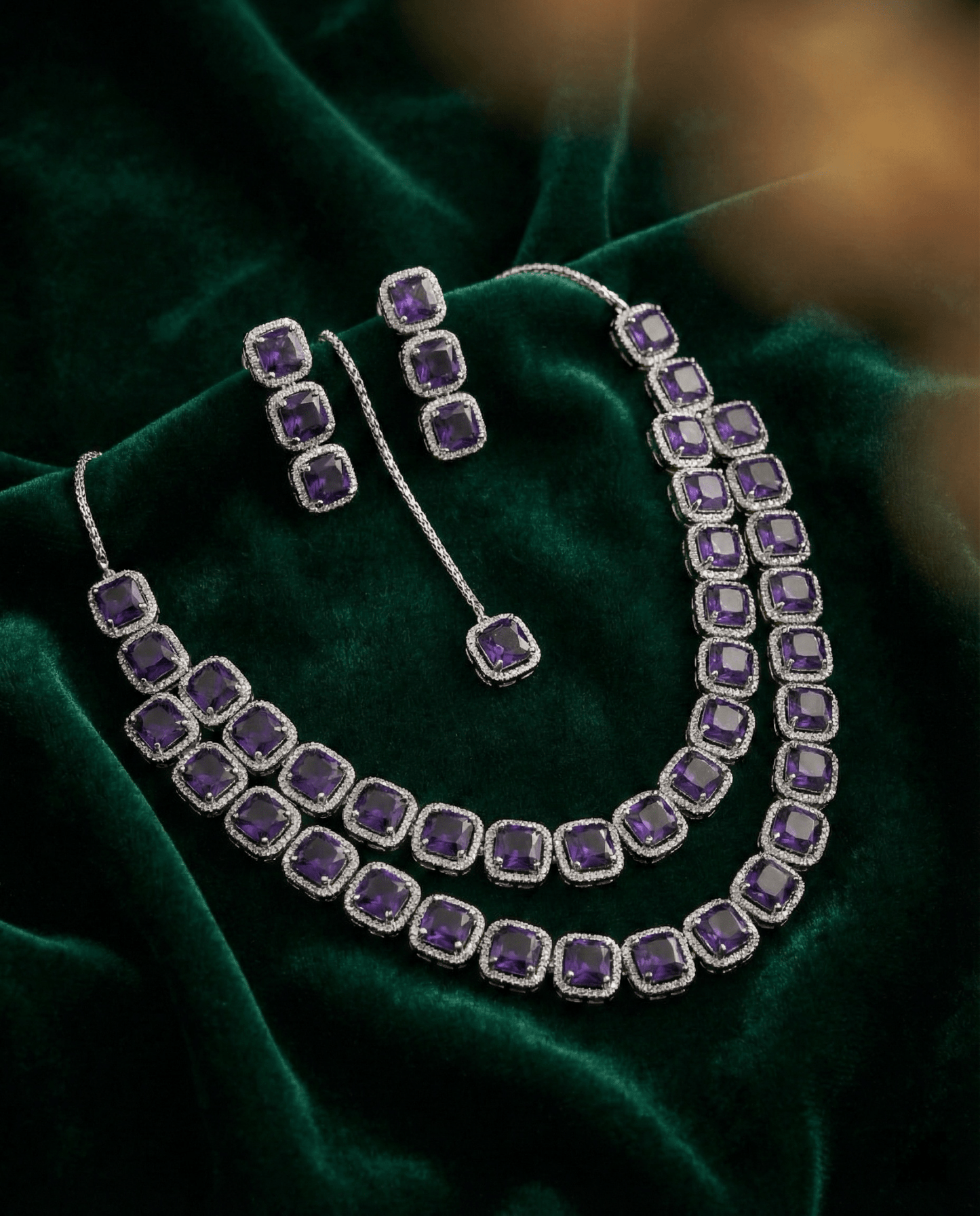 Deep Violet Double Layer Necklace Set with Crystal Border | Luxury Evening Jewellery - Maxiblink