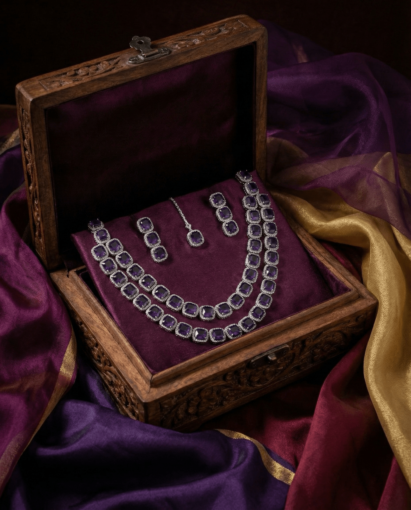 Deep Violet Double Layer Necklace Set with Crystal Border | Luxury Evening Jewellery - Maxiblink