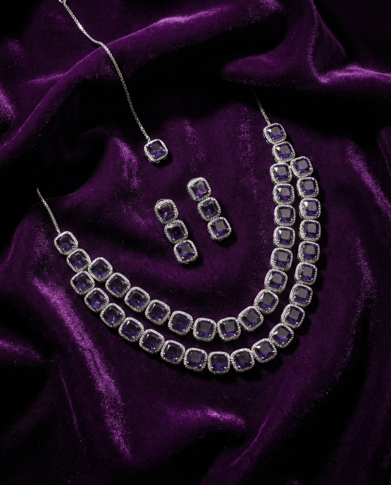Deep Violet Double Layer Necklace Set with Crystal Border | Luxury Evening Jewellery - Maxiblink
