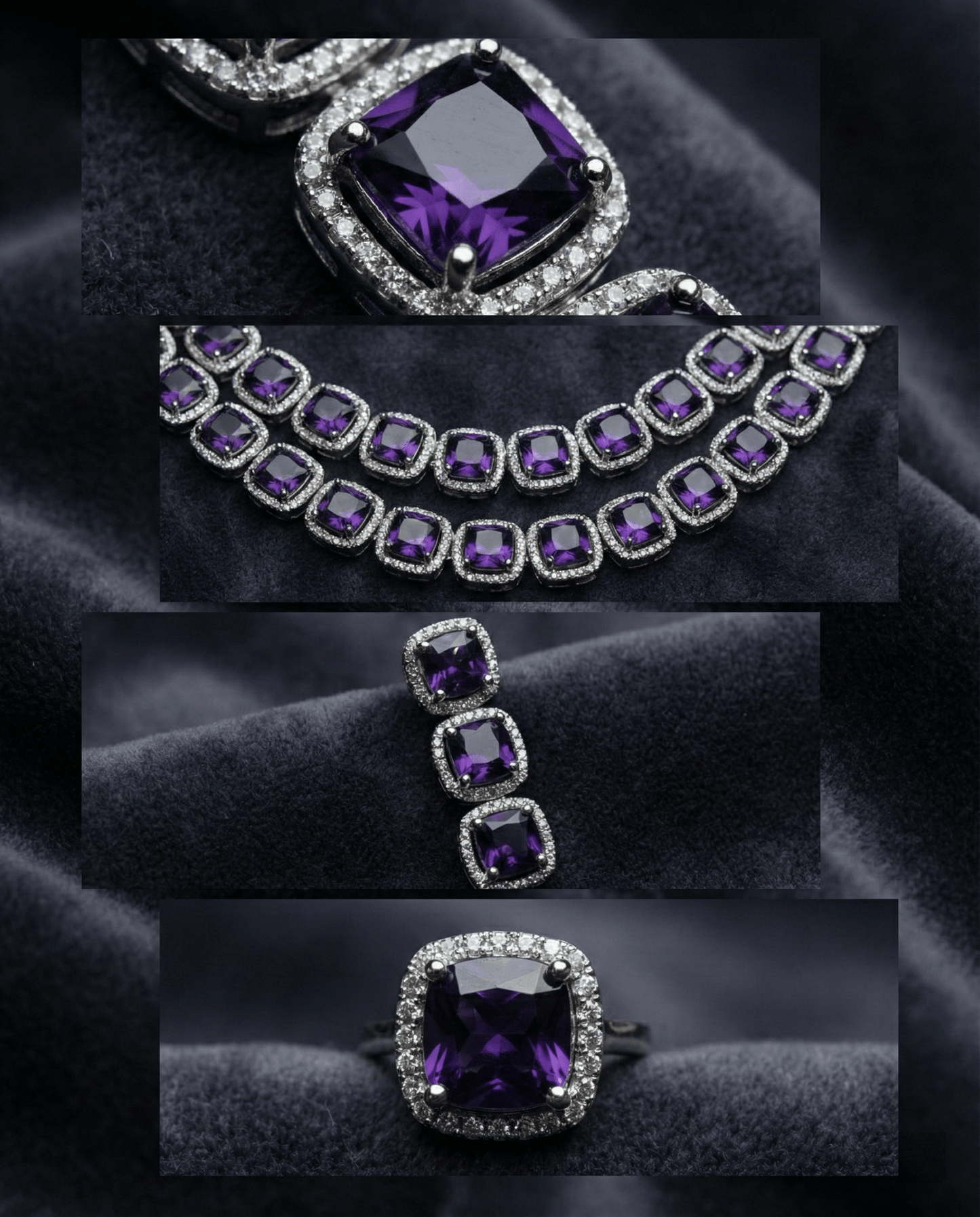 Deep Violet Double Layer Necklace Set with Crystal Border | Luxury Evening Jewellery - Maxiblink