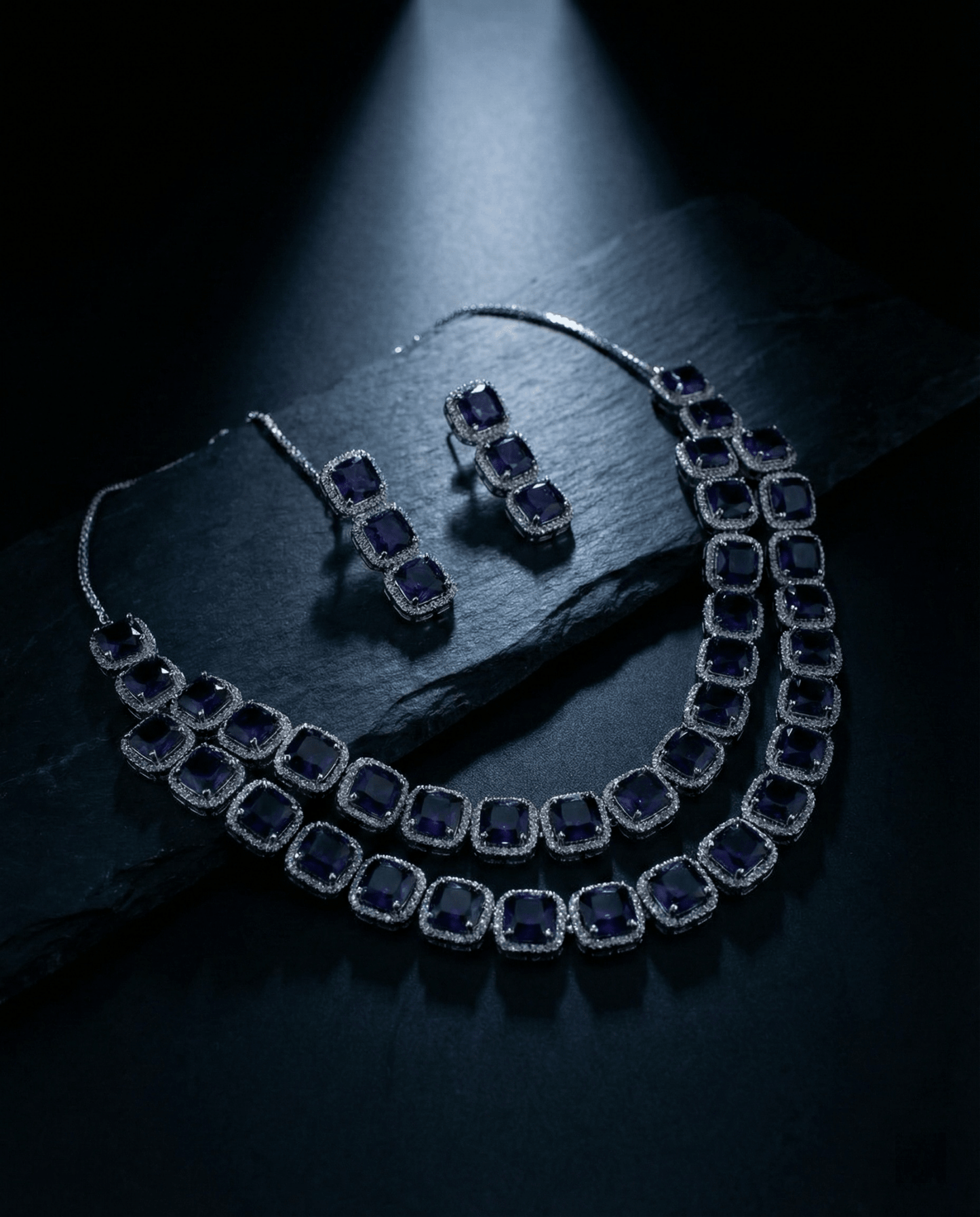 Deep Violet Double Layer Necklace Set with Crystal Border | Luxury Evening Jewellery - Maxiblink