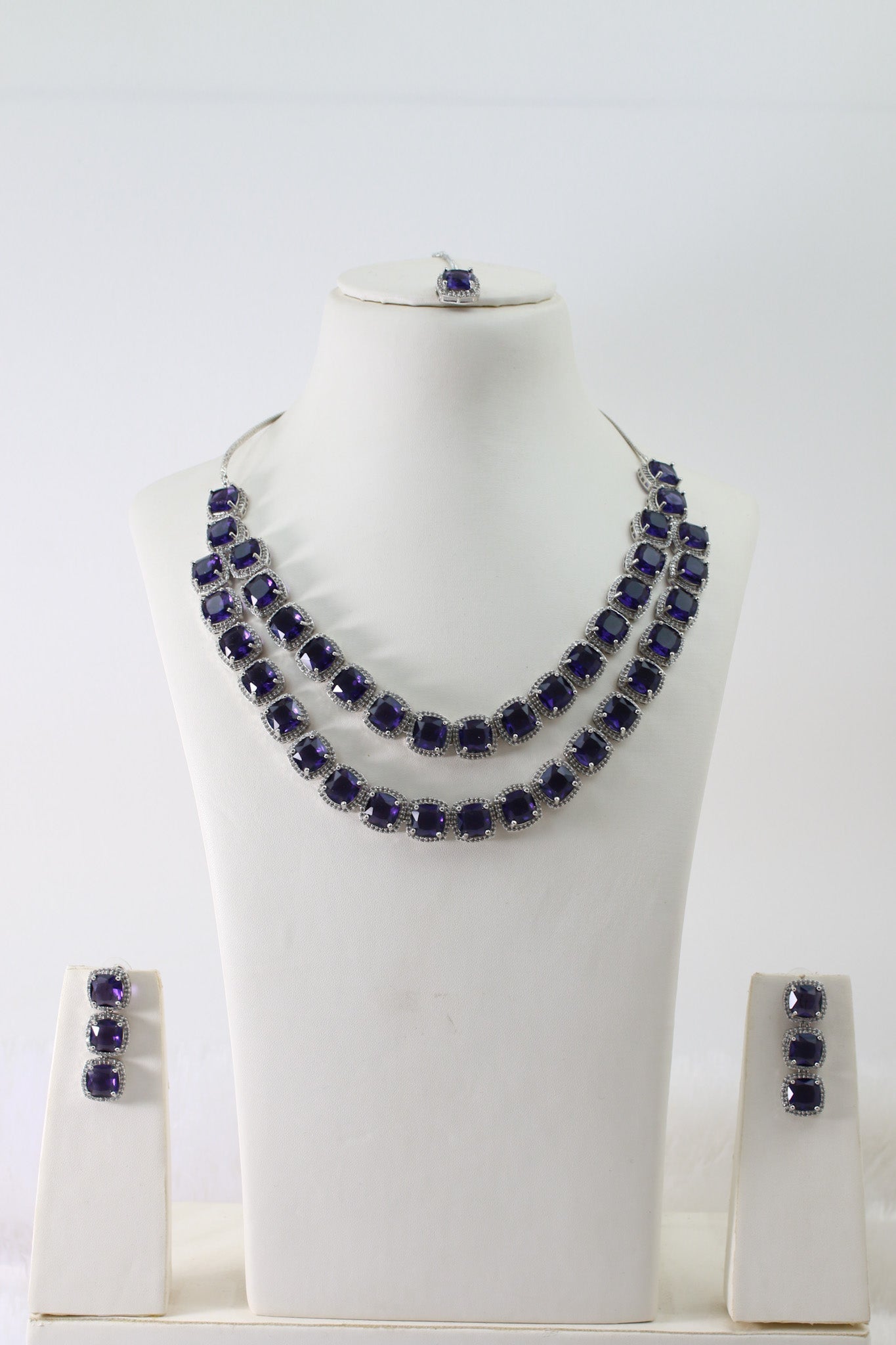 Deep Violet Double Layer Necklace Set with Crystal Border | Luxury Evening Jewellery - Maxiblink
