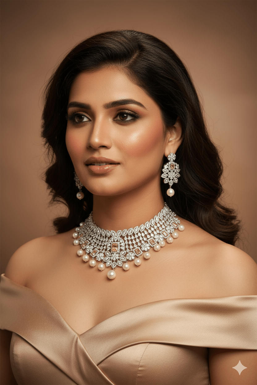 Designer Pearl and Stone Choker Set with Earrings - Maxiblink
