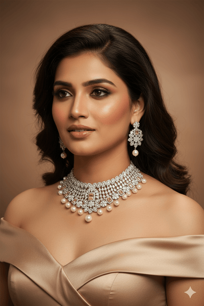 Designer Pearl and Stone Choker Set with Earrings - Maxiblink