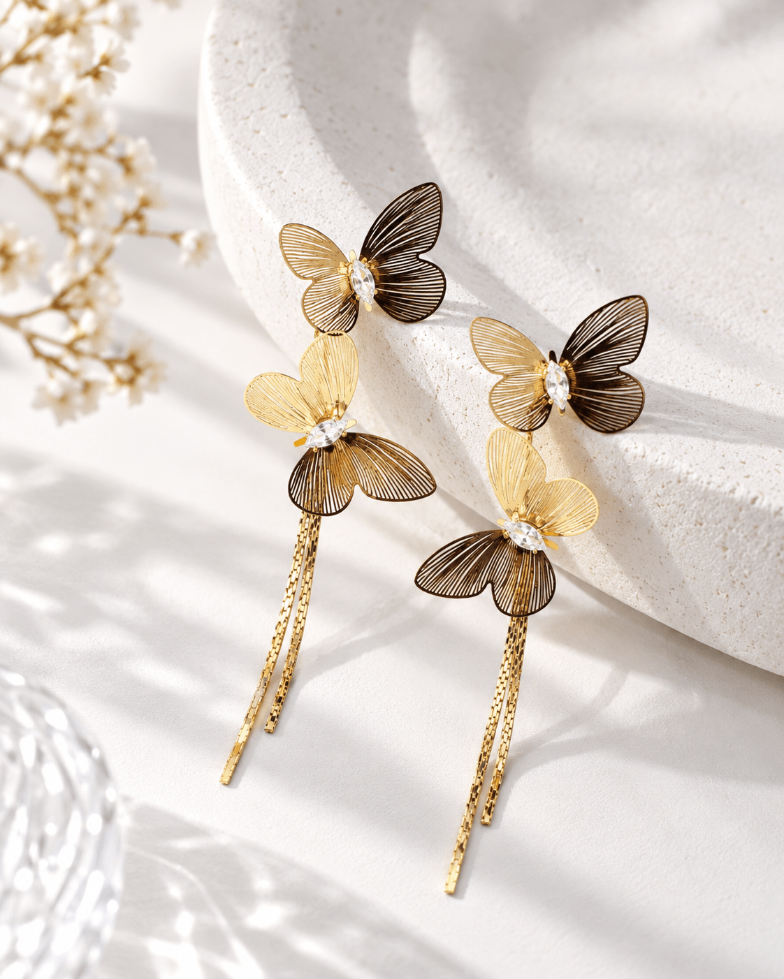Double Butterfly Fringe Drop Earrings - Maxiblink
