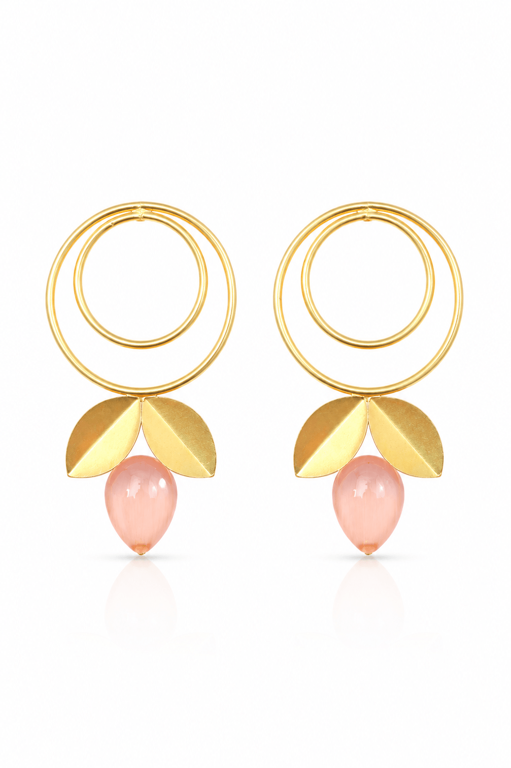 Double Hoop & Pink Onyx Petal Drop Earrings – Gold Plated Brass - Maxiblink