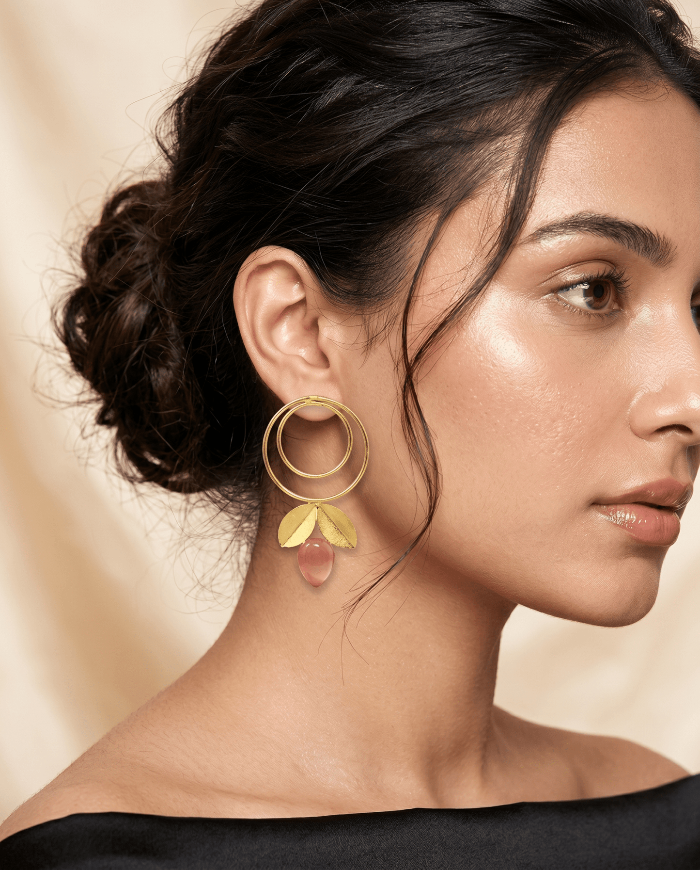 Double Hoop & Pink Onyx Petal Drop Earrings – Gold Plated Brass - Maxiblink