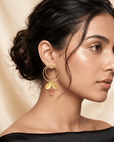 Double Hoop & Pink Onyx Petal Drop Earrings – Gold Plated Brass - Maxiblink