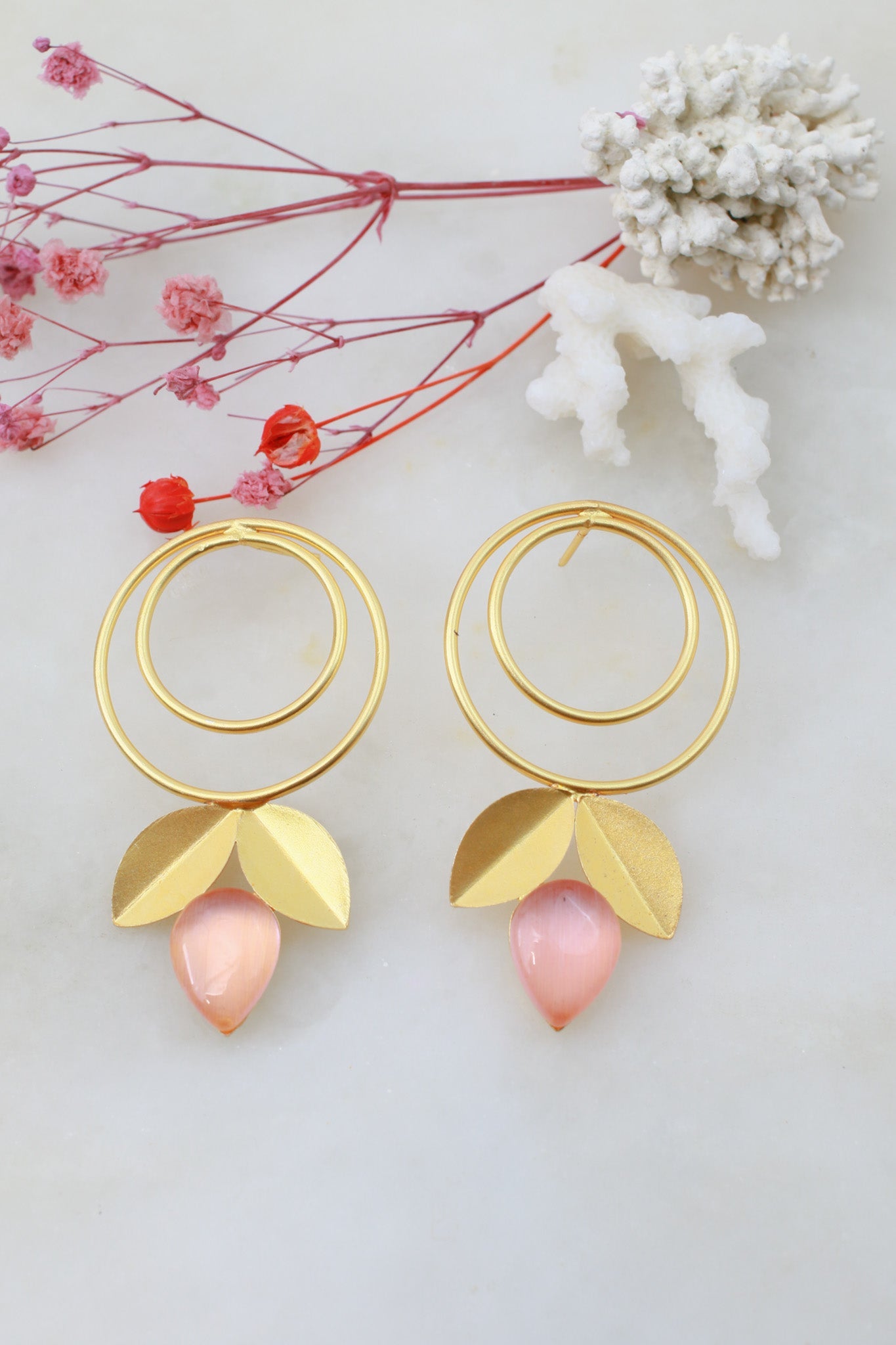 Double Hoop & Pink Onyx Petal Drop Earrings – Gold Plated Brass - Maxiblink