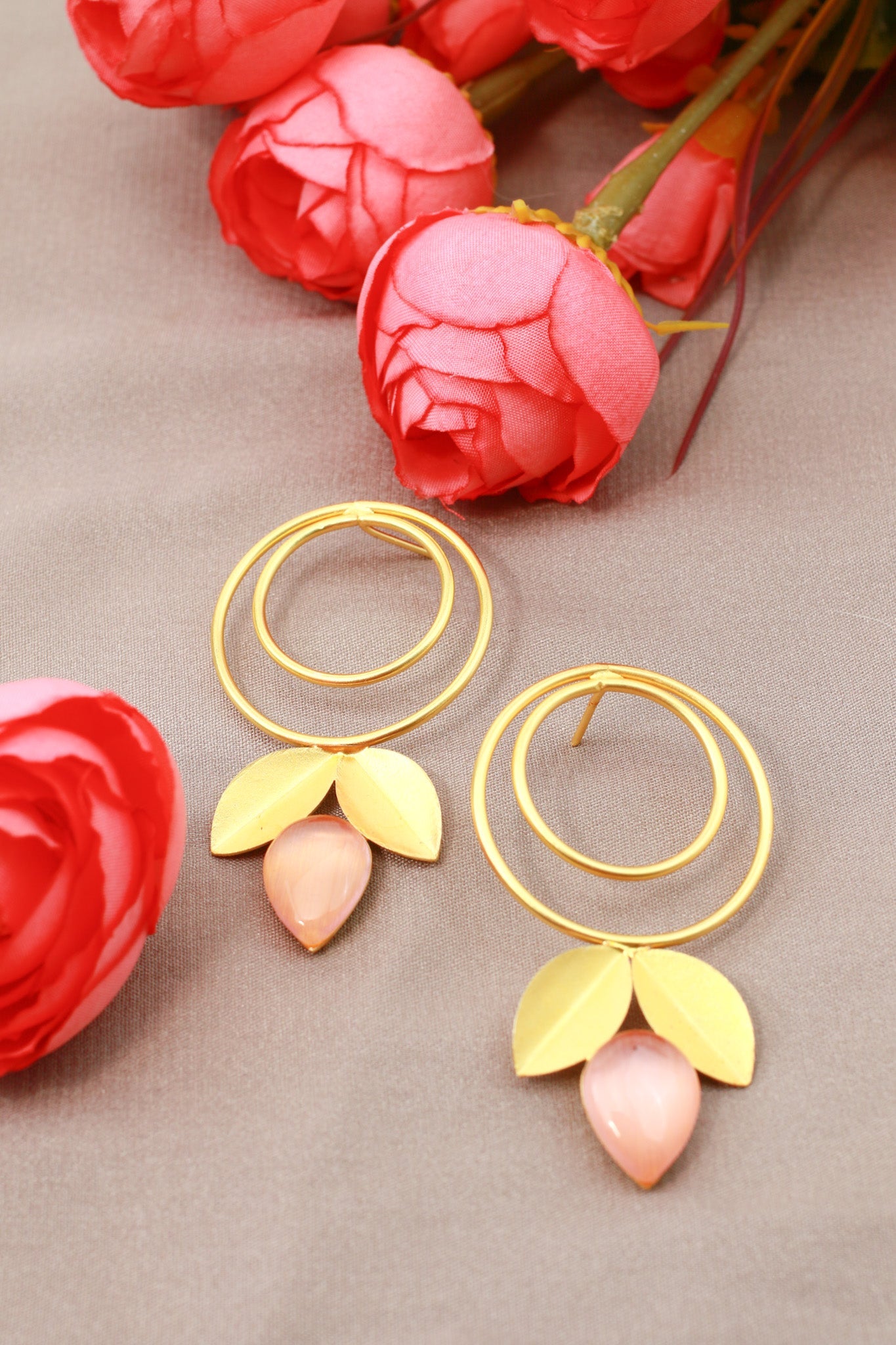 Double Hoop & Pink Onyx Petal Drop Earrings – Gold Plated Brass - Maxiblink