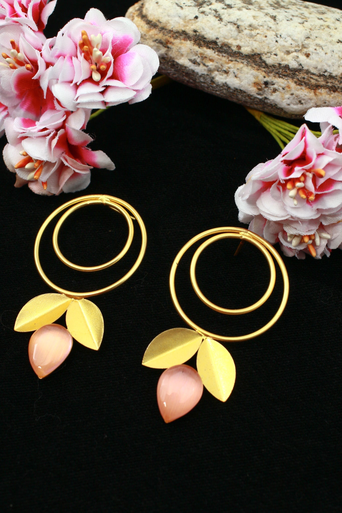 Double Hoop & Pink Onyx Petal Drop Earrings – Gold Plated Brass - Maxiblink