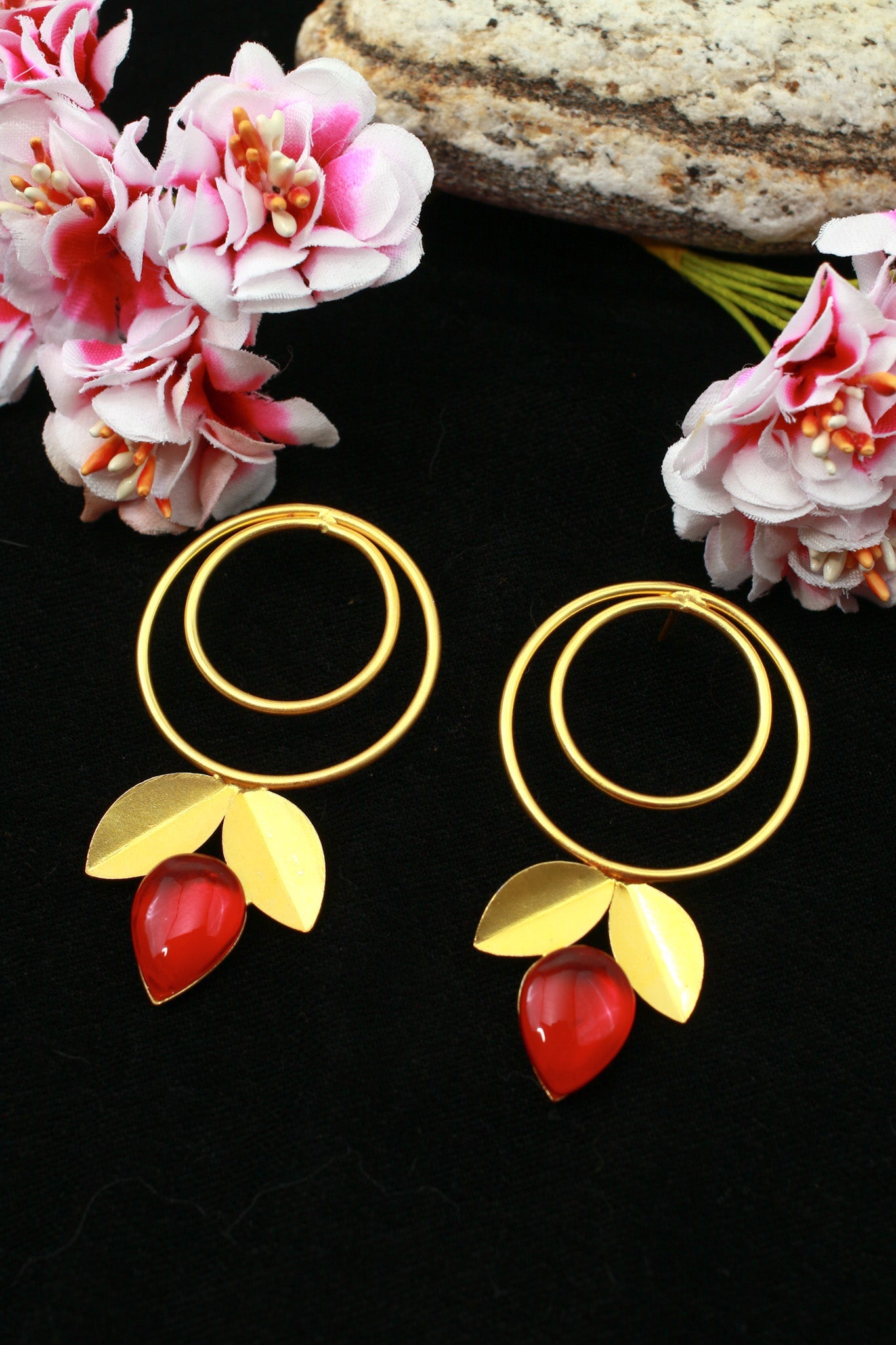Double Hoop & Red Onyx Petal Drop Earrings – Gold Plated Brass - Maxiblink