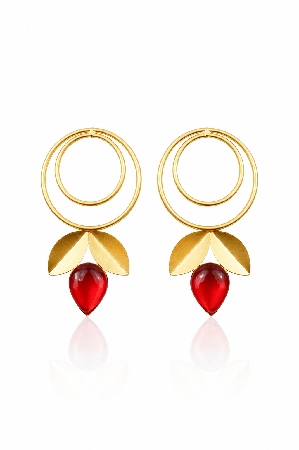 Double Hoop & Red Onyx Petal Drop Earrings – Gold Plated Brass - Maxiblink