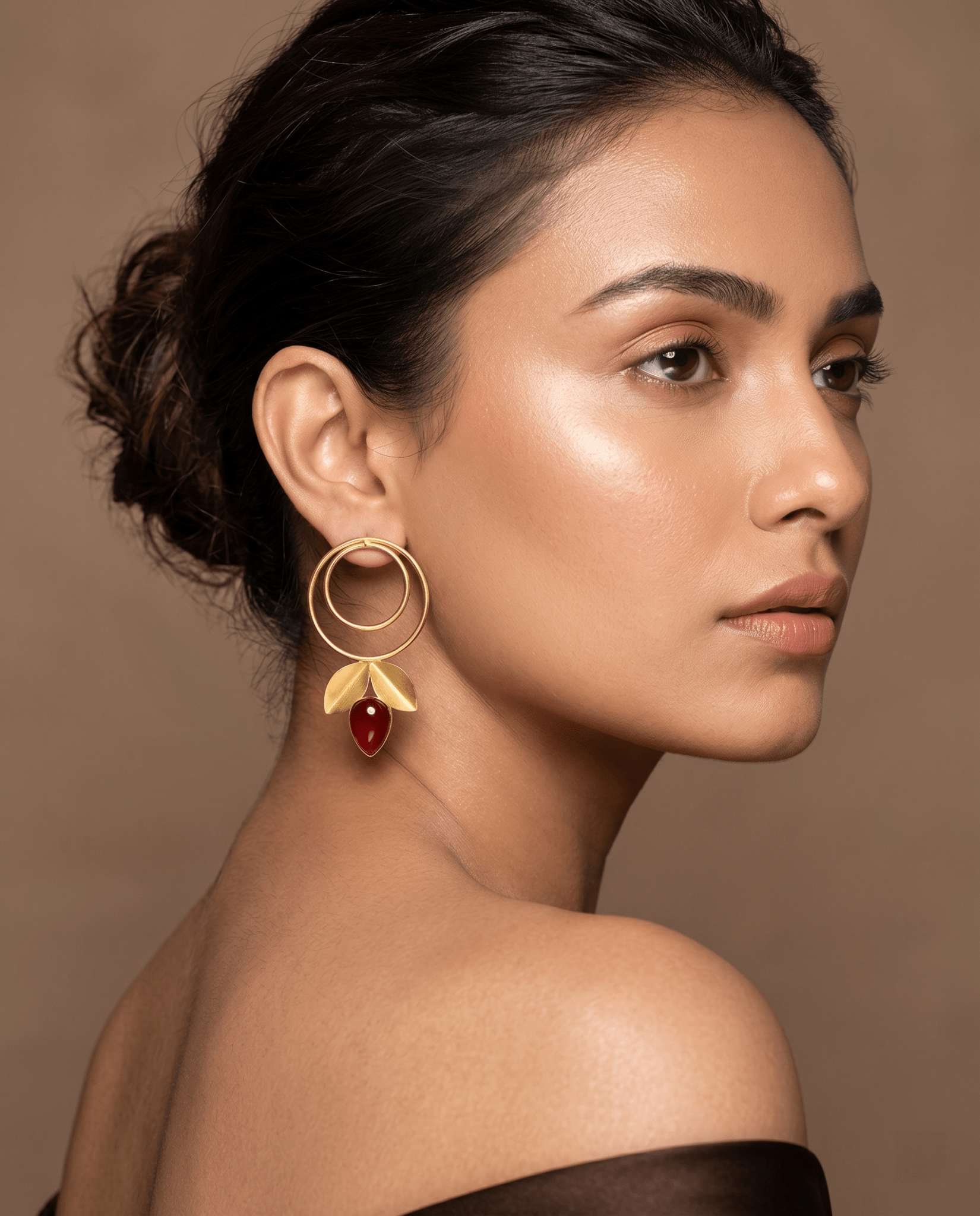 Double Hoop & Red Onyx Petal Drop Earrings – Gold Plated Brass - Maxiblink
