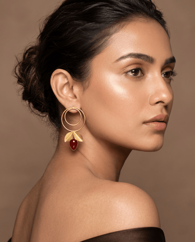 Double Hoop & Red Onyx Petal Drop Earrings – Gold Plated Brass - Maxiblink