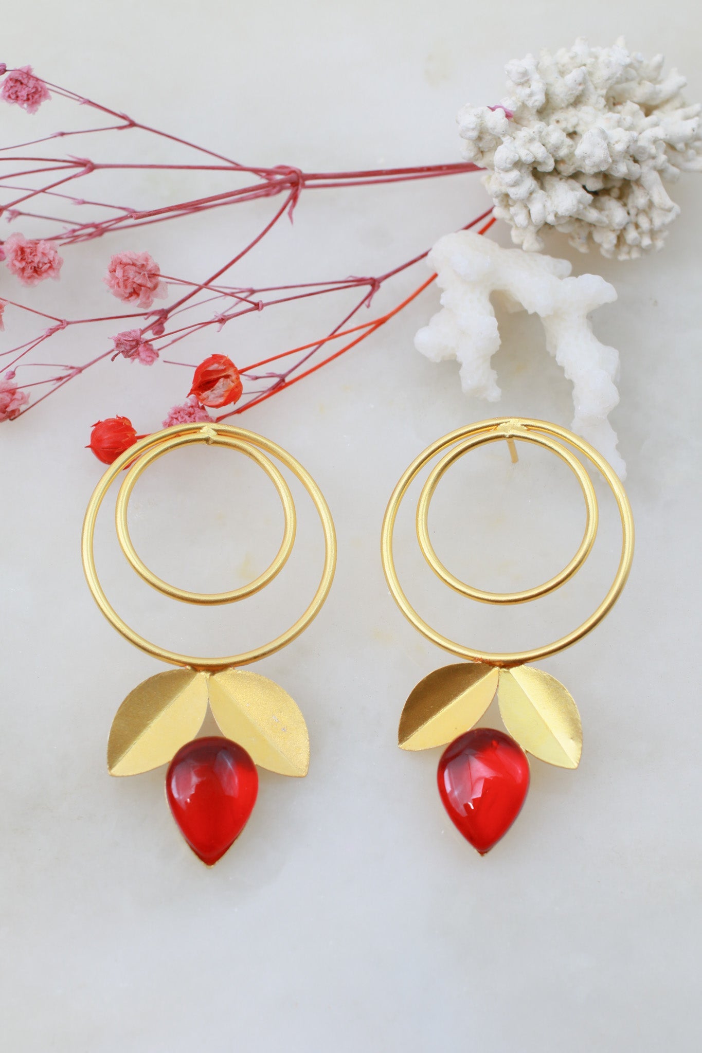 Double Hoop & Red Onyx Petal Drop Earrings – Gold Plated Brass - Maxiblink