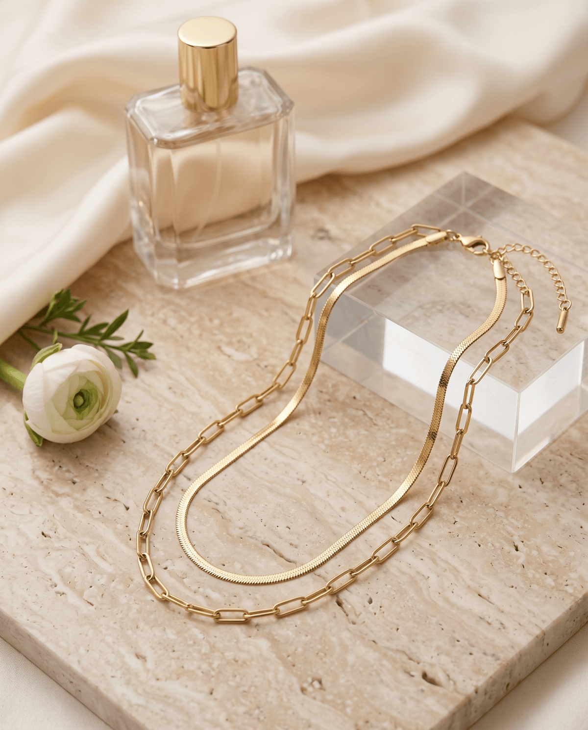 Double layer paperclip and snake chain necklace, 18K gold plated – styled on jewelry stand
