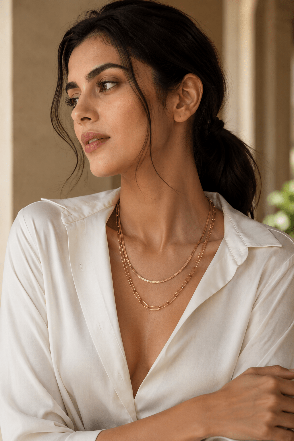 Double layer paperclip and snake chain necklace, 18K gold plated