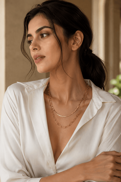 Double layer paperclip and snake chain necklace, 18K gold plated