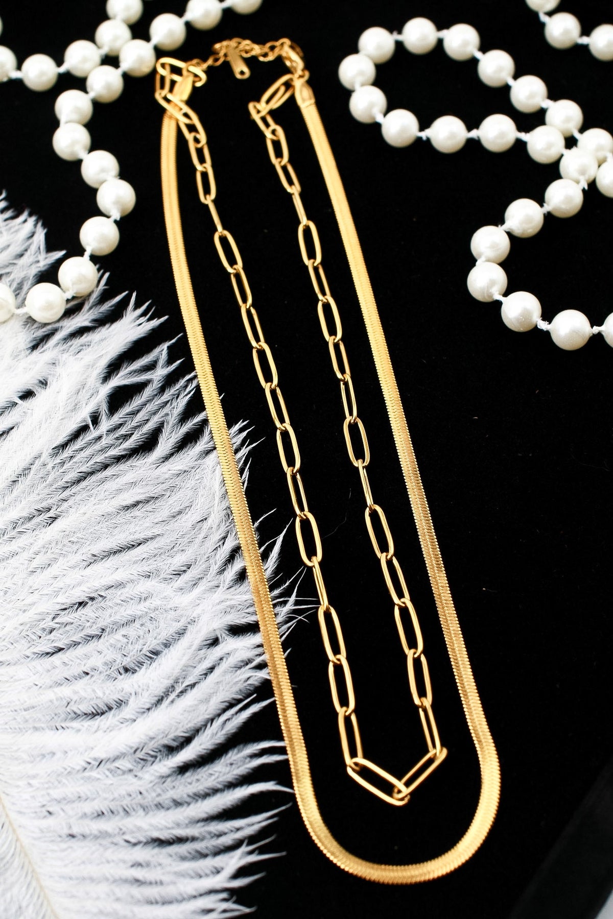 Double layer paperclip and snake chain necklace, 18K gold plated – full length view