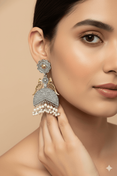 Dual Peacock Oxidised German Silver Earrings with Pearl Drops – Antique Gold & Silver Finish - Maxiblink