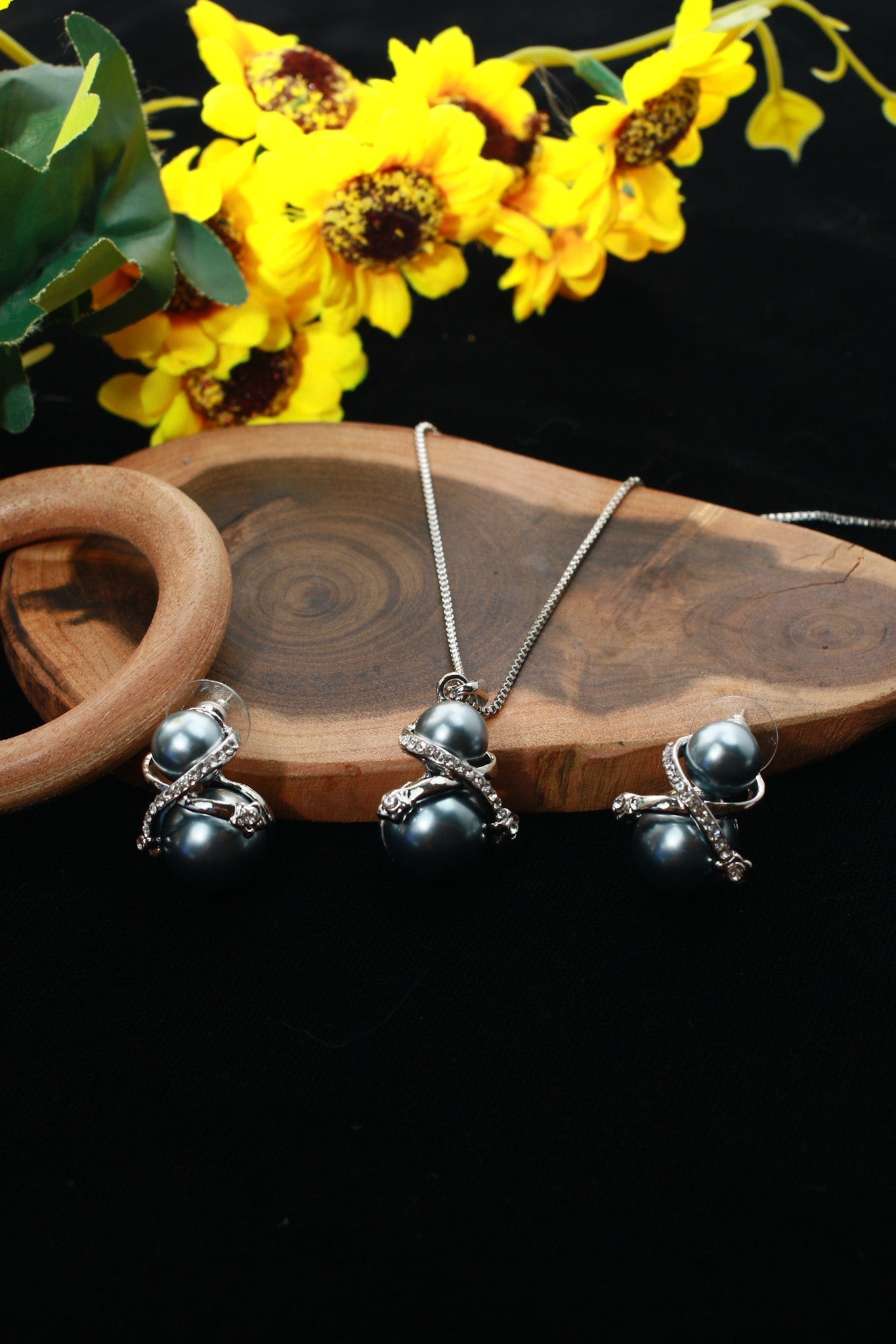 Dual Pearl Pendant Set - Silver Plated Blue Pearl Necklace & Earrings | Long Lasting Anti Tarnish - Maxiblink