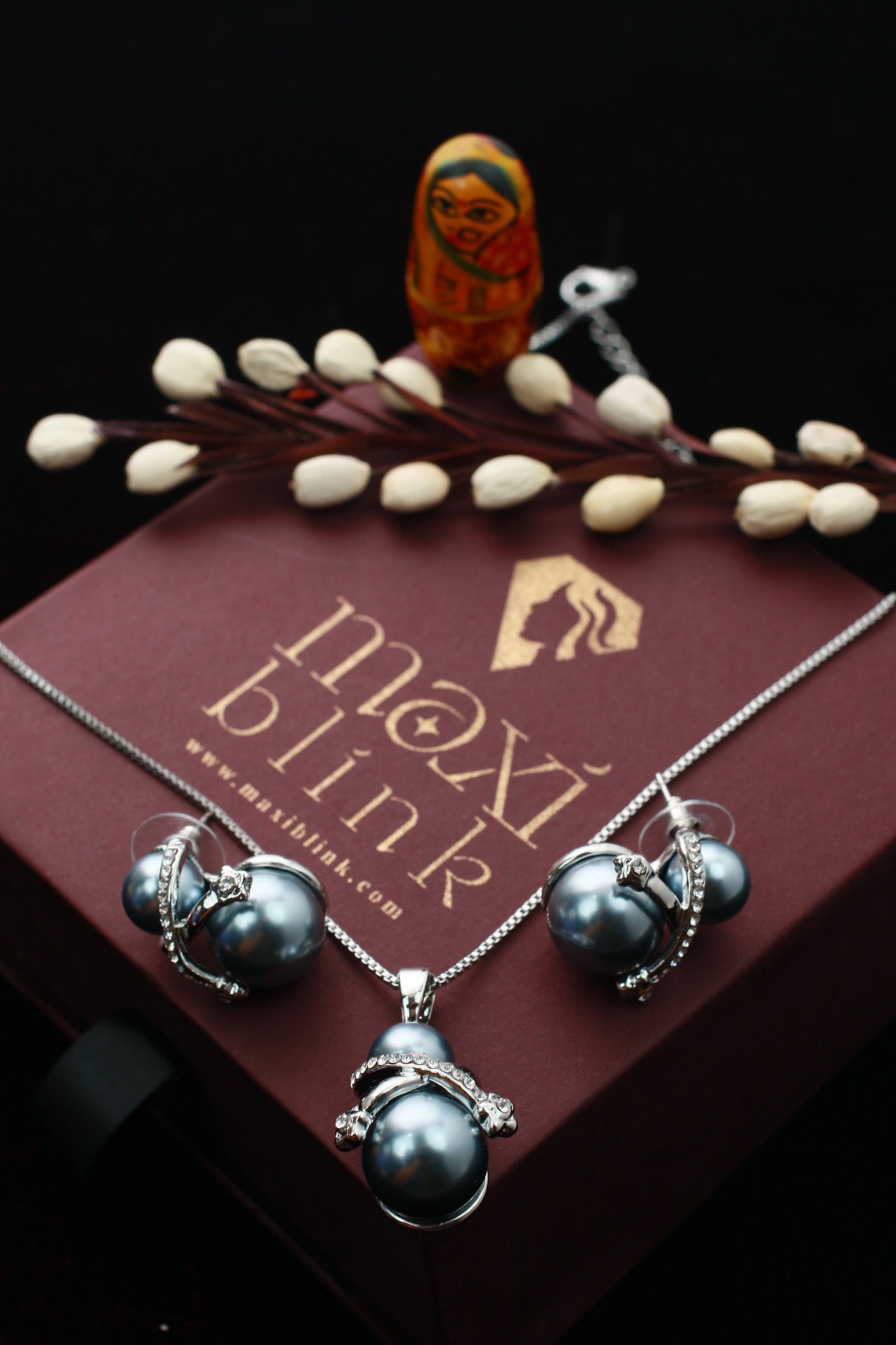 Dual Pearl Pendant Set - Silver Plated Blue Pearl Necklace & Earrings | Long Lasting Anti Tarnish - Maxiblink