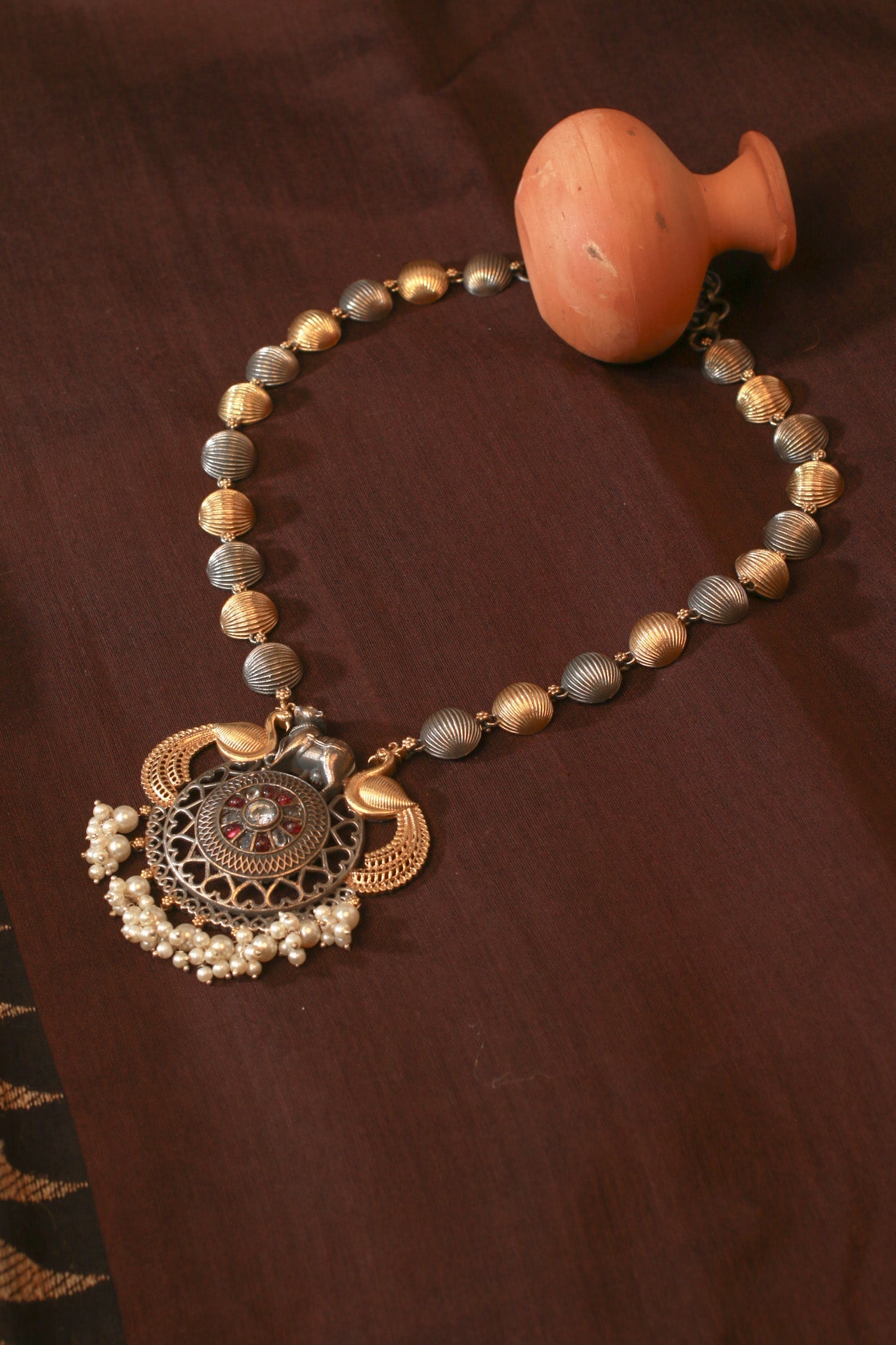 Dual Tone Beaded Elephant Pendant Replica Necklace for Women - Maxiblink