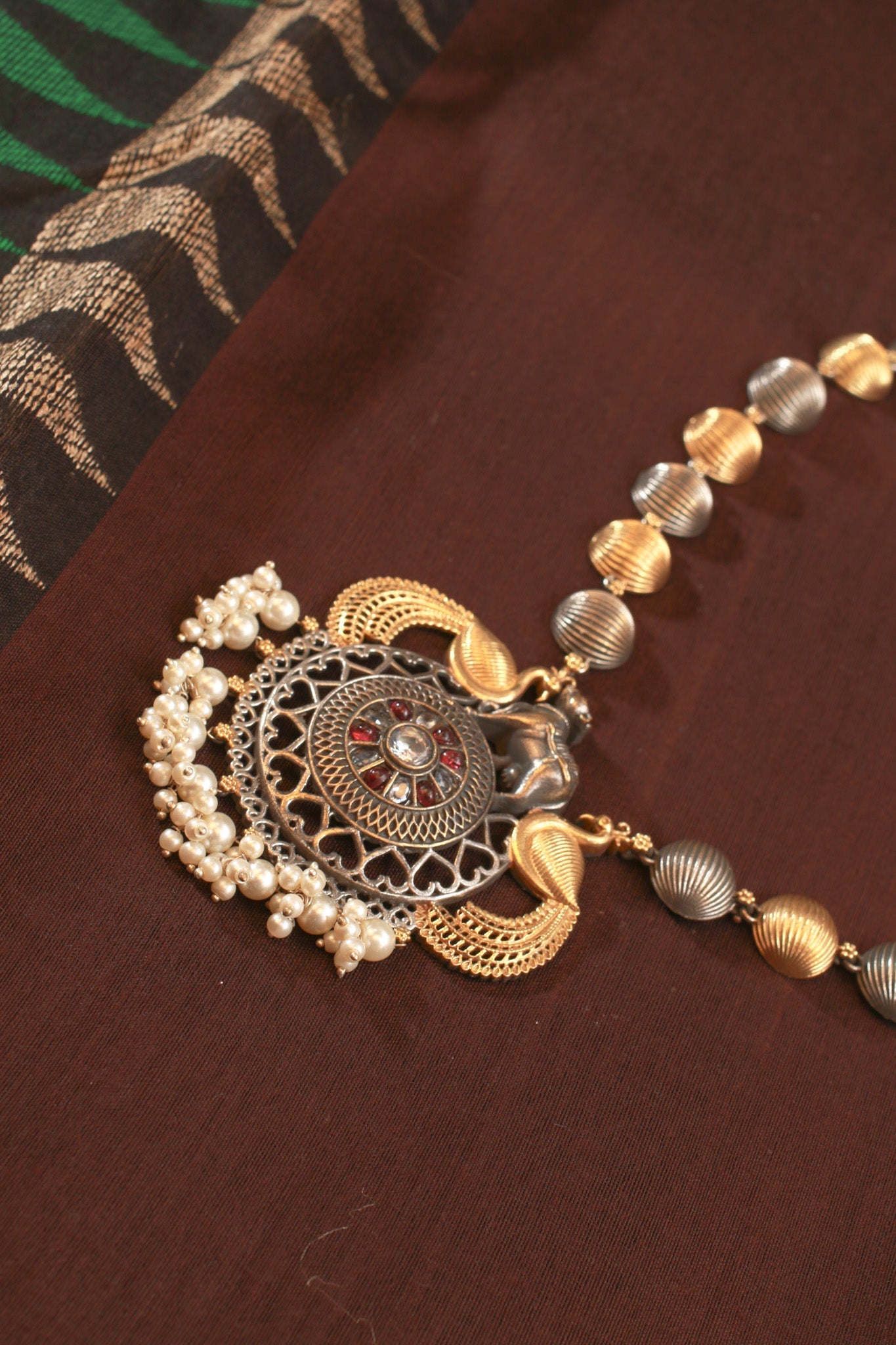 Dual Tone Beaded Elephant Pendant Replica Necklace for Women - Maxiblink