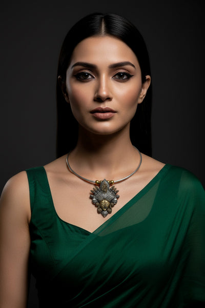 Dual Tone German Silver Hasli/Hansli Necklace – Durga motif pendant Oxidised Hansuli Choker for Women - Maxiblink