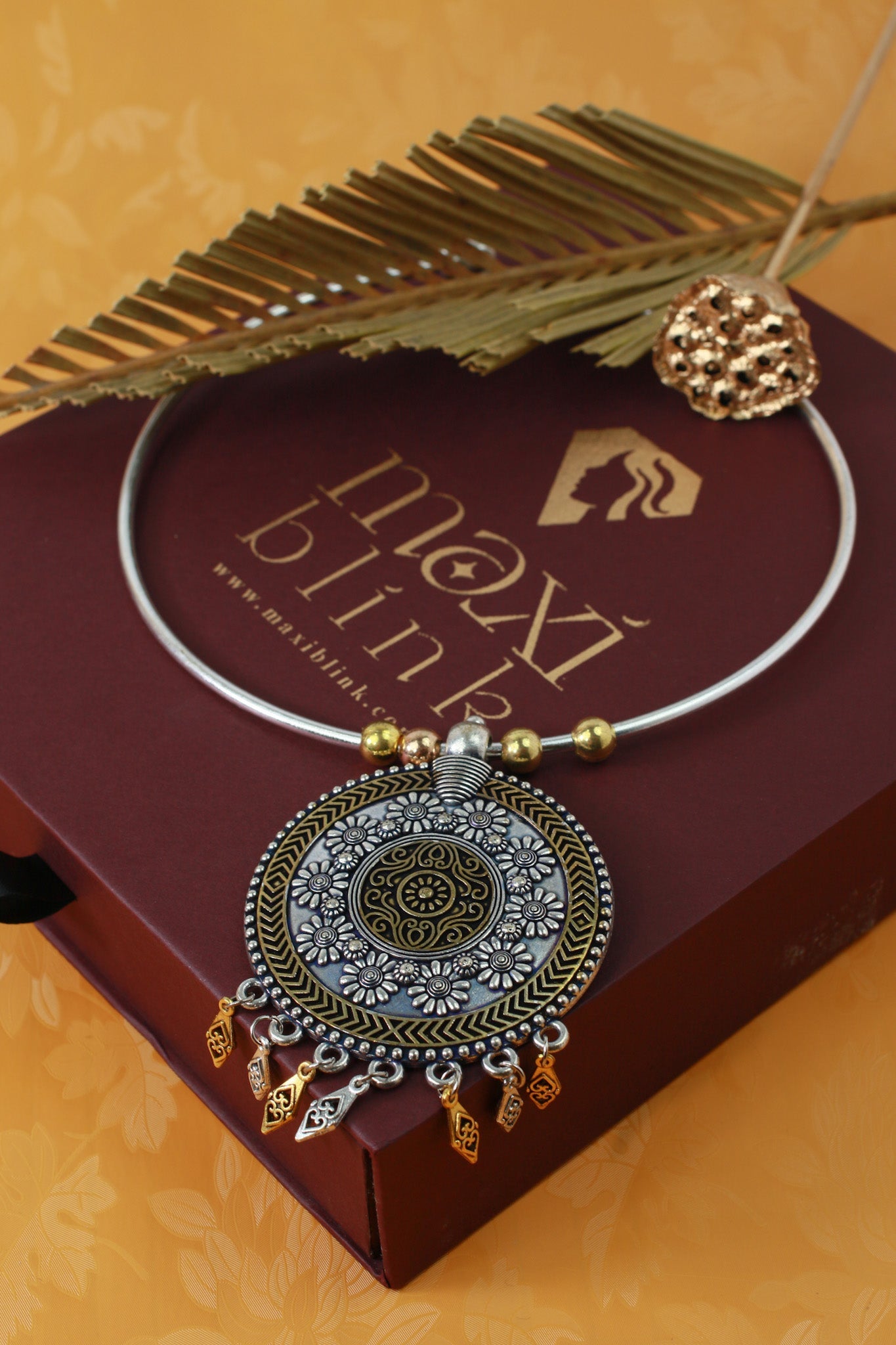 Dual Tone German Silver Hasli/Hansli Necklace – Floral mandala pendant with danglers Oxidised Hansuli Choker for Women - Maxiblink