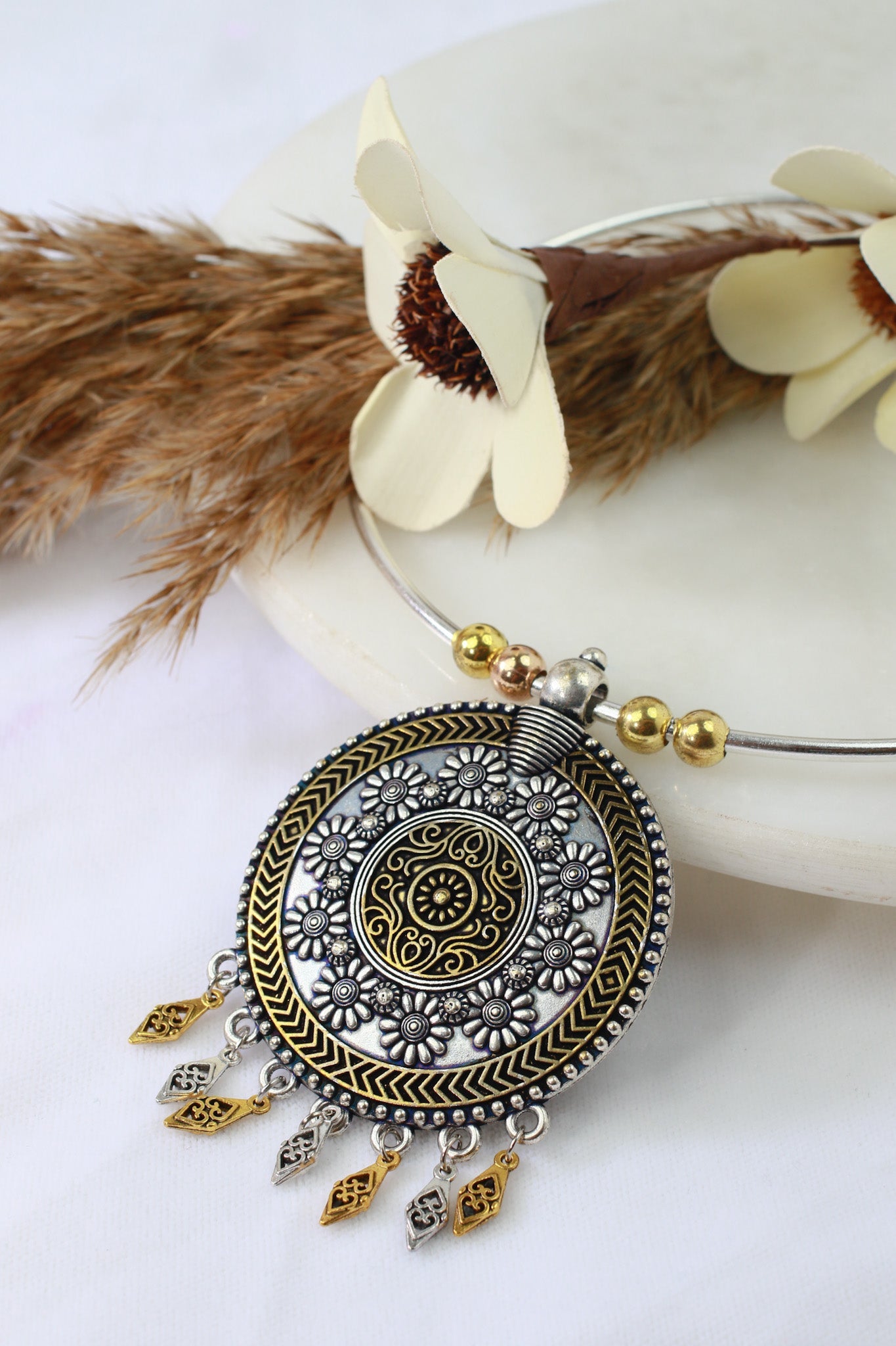 Dual Tone German Silver Hasli/Hansli Necklace – Floral mandala pendant with danglers Oxidised Hansuli Choker for Women - Maxiblink