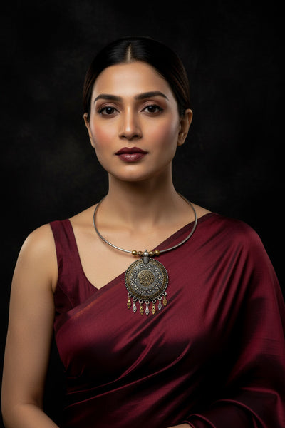 Dual Tone German Silver Hasli/Hansli Necklace – Floral mandala pendant with danglers Oxidised Hansuli Choker for Women - Maxiblink