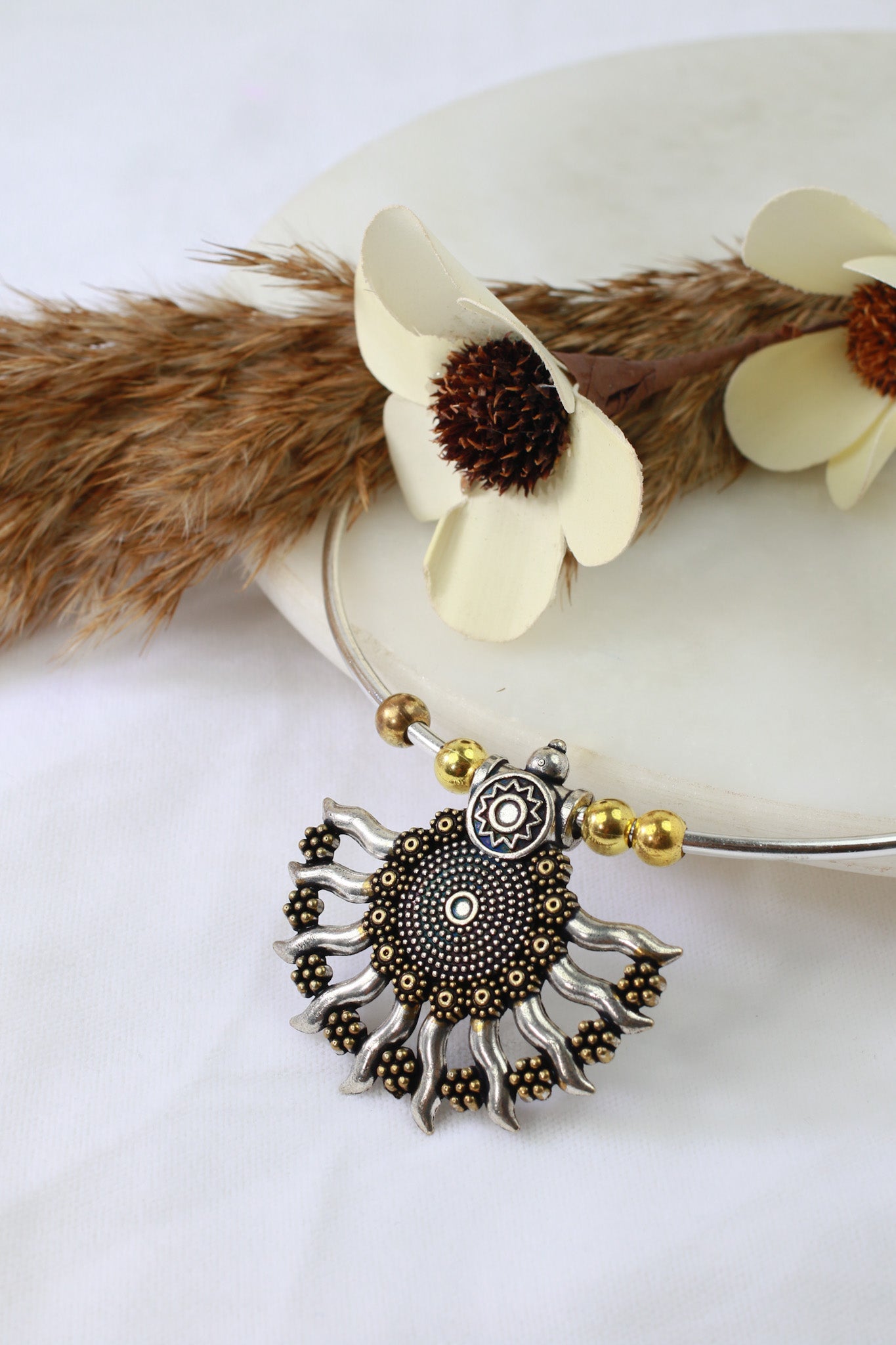 Dual Tone German Silver Hasli/Hansli Necklace – Sunburst fan pendant Oxidised Hansuli Choker for Women - Maxiblink