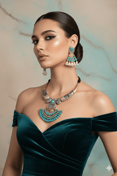 Dual Tone German Silver Temple Necklace with Blue Stones & Earrings – Oxidised Gold & Silver Festival Jewellery - Maxiblink