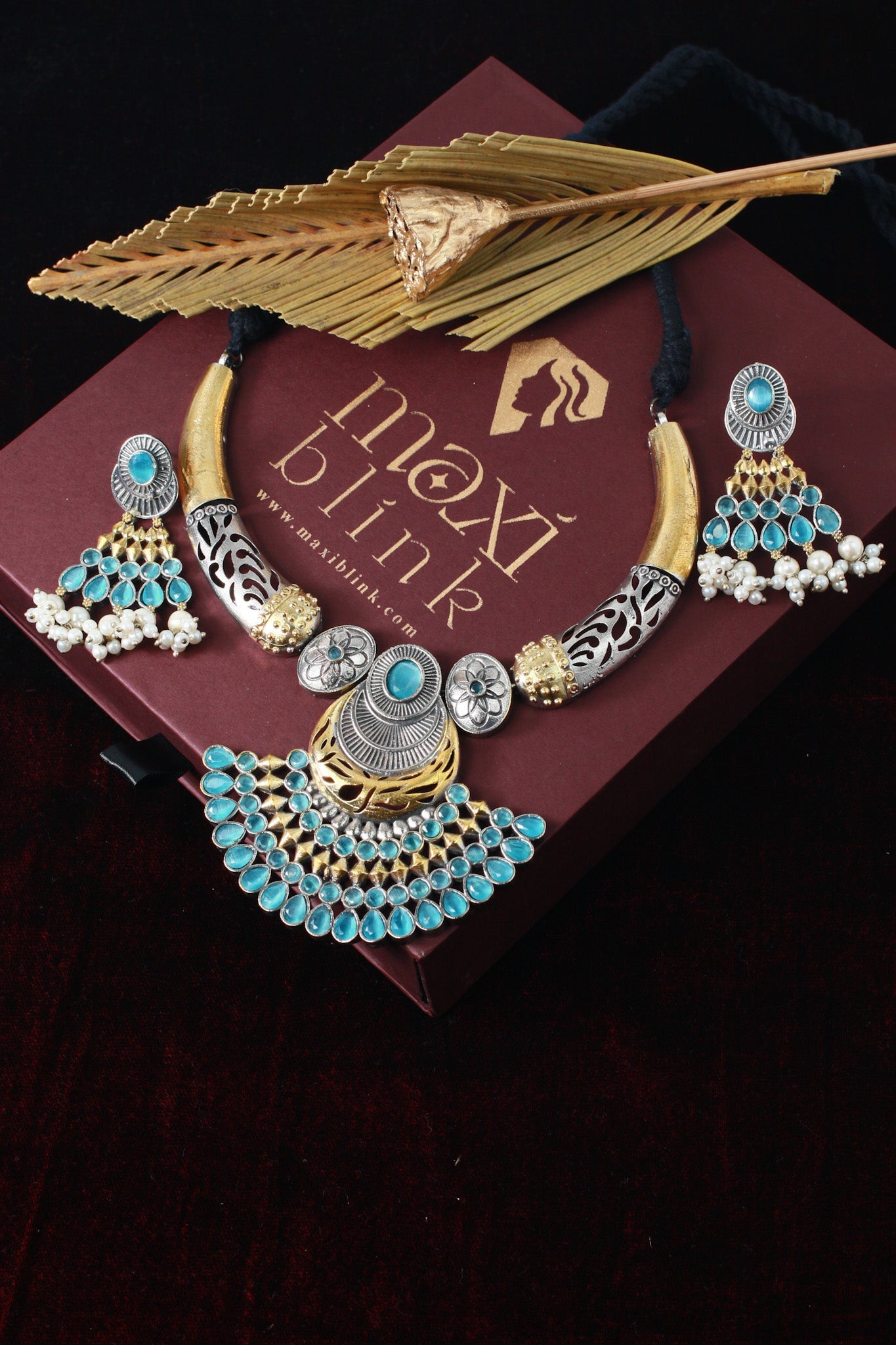 Dual Tone German Silver Temple Necklace with Blue Stones & Earrings – Oxidised Gold & Silver Festival Jewellery - Maxiblink
