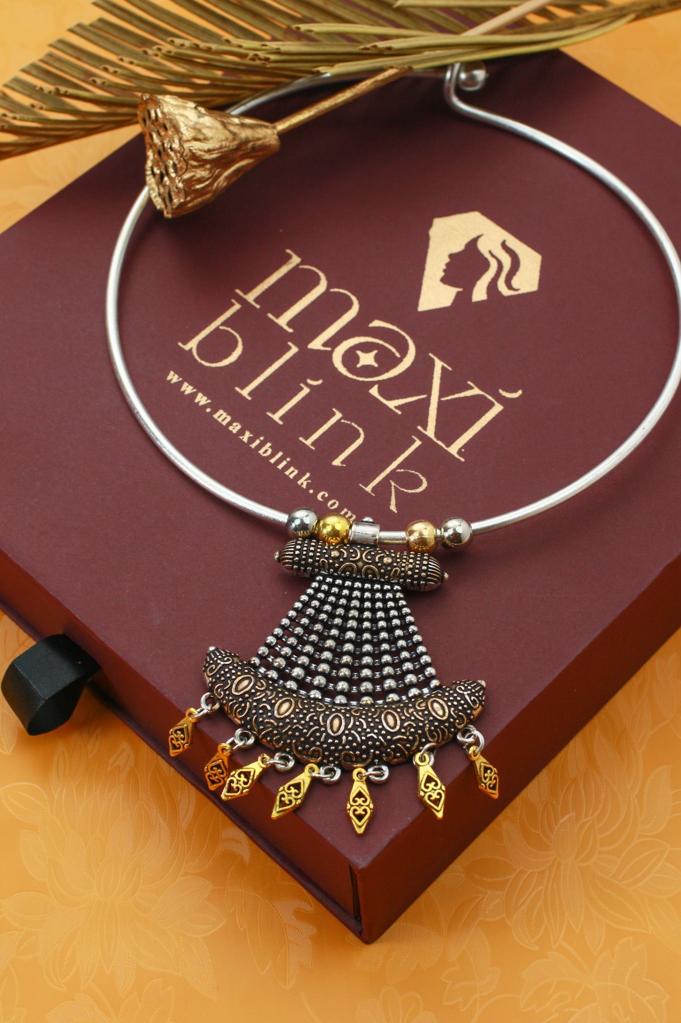 Dual Tone Oxidised German Silver Cone - Shaped Tribal Hansuli Necklace - Maxiblink