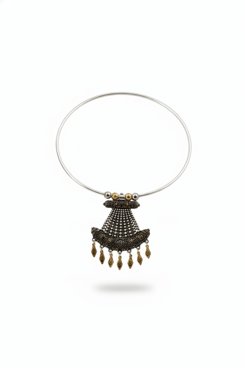 Dual Tone Oxidised German Silver Cone - Shaped Tribal Hansuli Necklace - Maxiblink