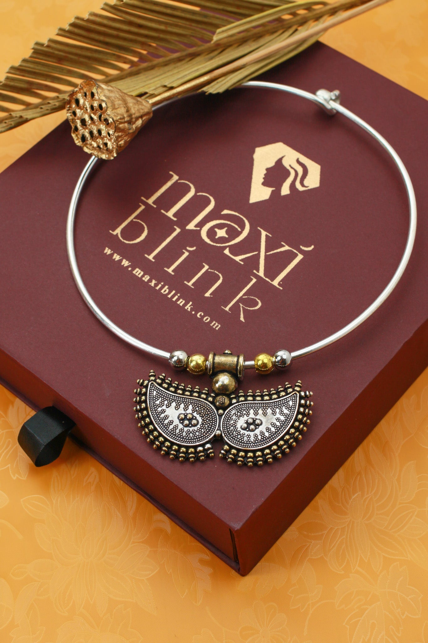 Dual Tone Oxidised German Silver Crescent Tribal Hansuli Necklace - Maxiblink