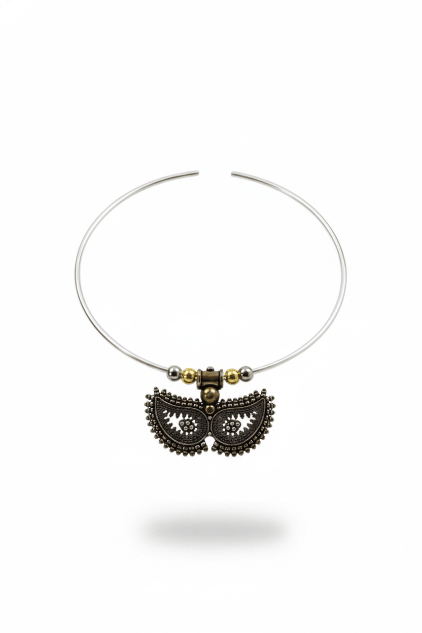 Dual Tone Oxidised German Silver Crescent Tribal Hansuli Necklace - Maxiblink