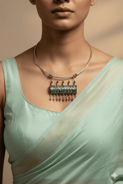 Dual Tone Oxidised German Silver Cylindrical Carved Hansuli Necklace - Maxiblink
