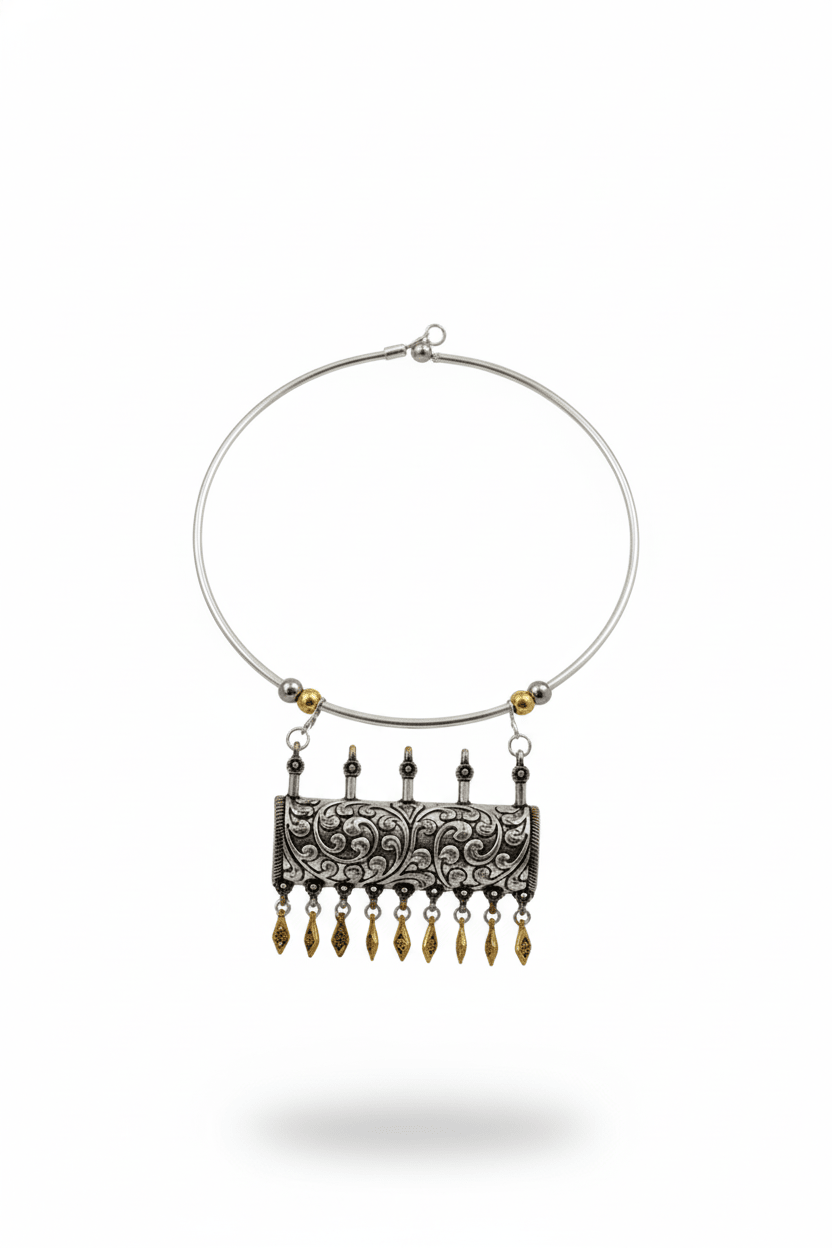 Dual Tone Oxidised German Silver Cylindrical Carved Hansuli Necklace - Maxiblink