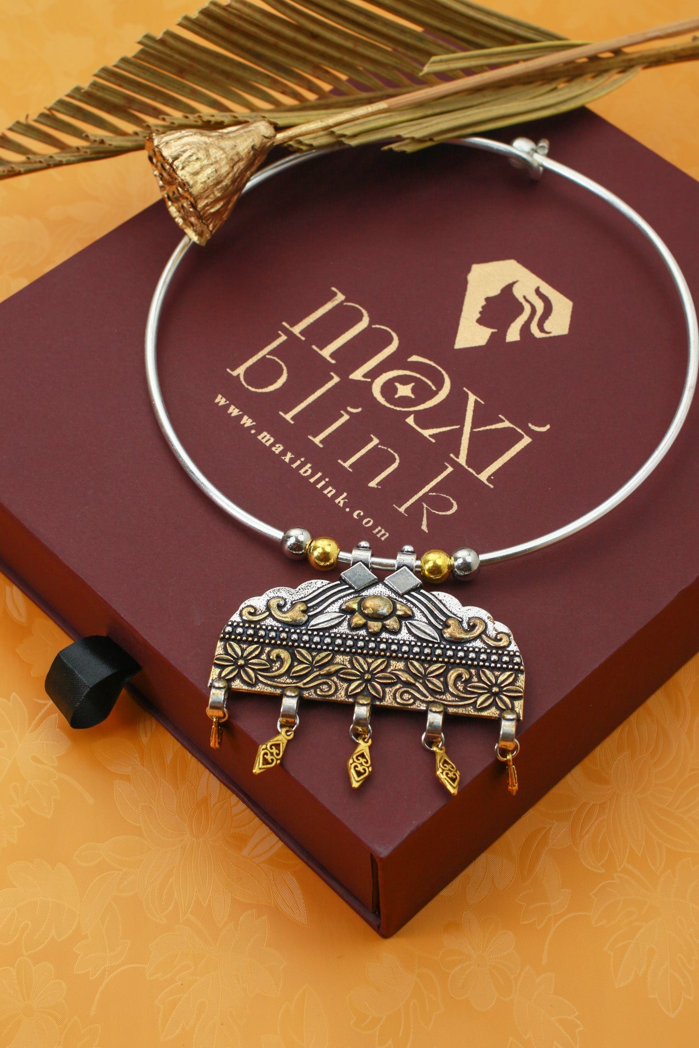 Dual Tone Oxidised German Silver Floral Temple Hansuli Necklace - Maxiblink