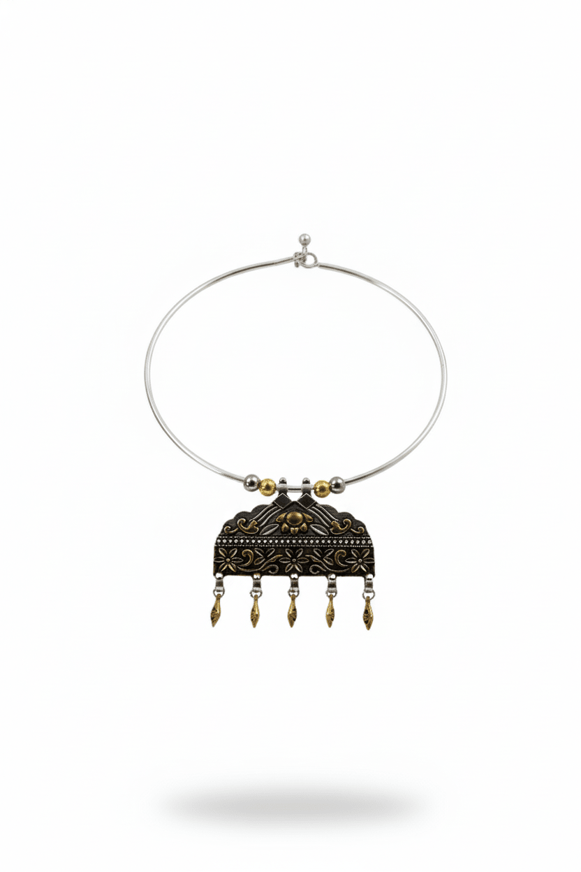 Dual Tone Oxidised German Silver Floral Temple Hansuli Necklace - Maxiblink
