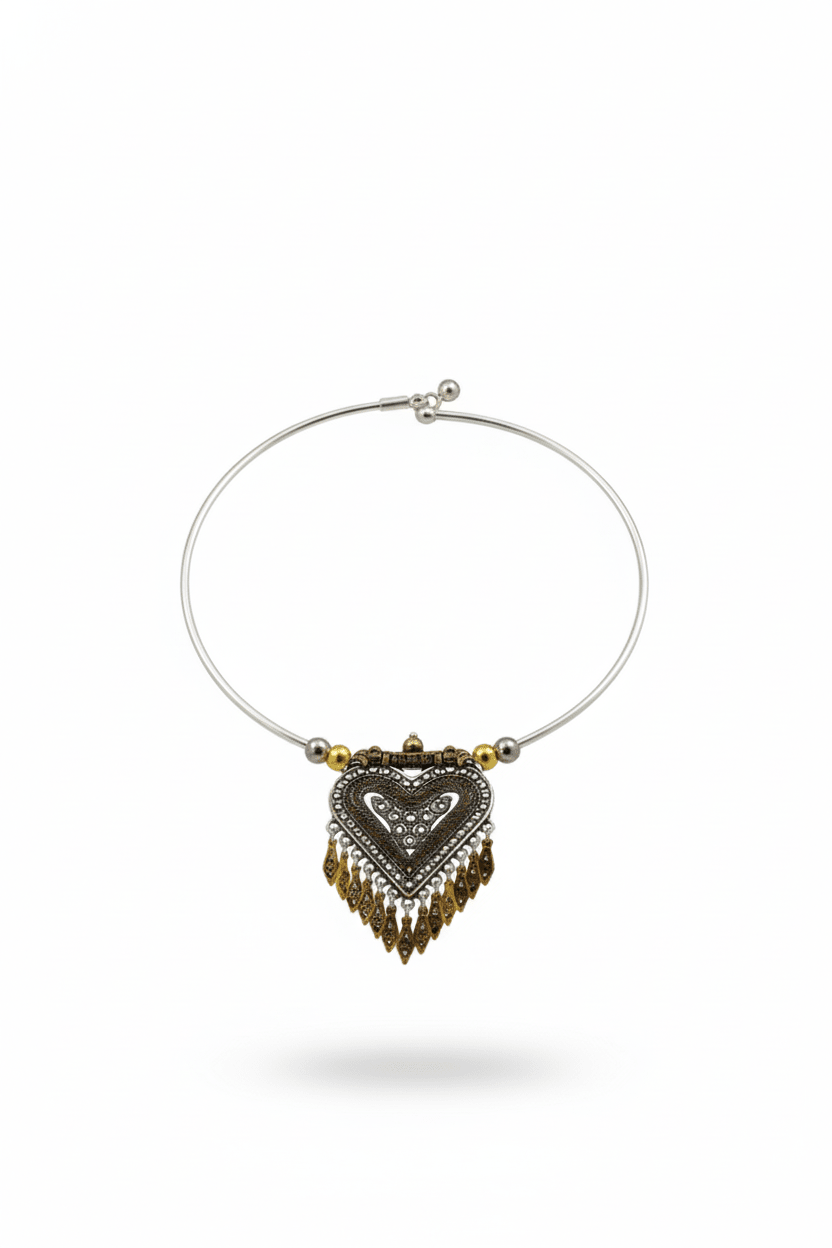 Dual Tone Oxidised German Silver Heart Hansuli Necklace for Women - Maxiblink