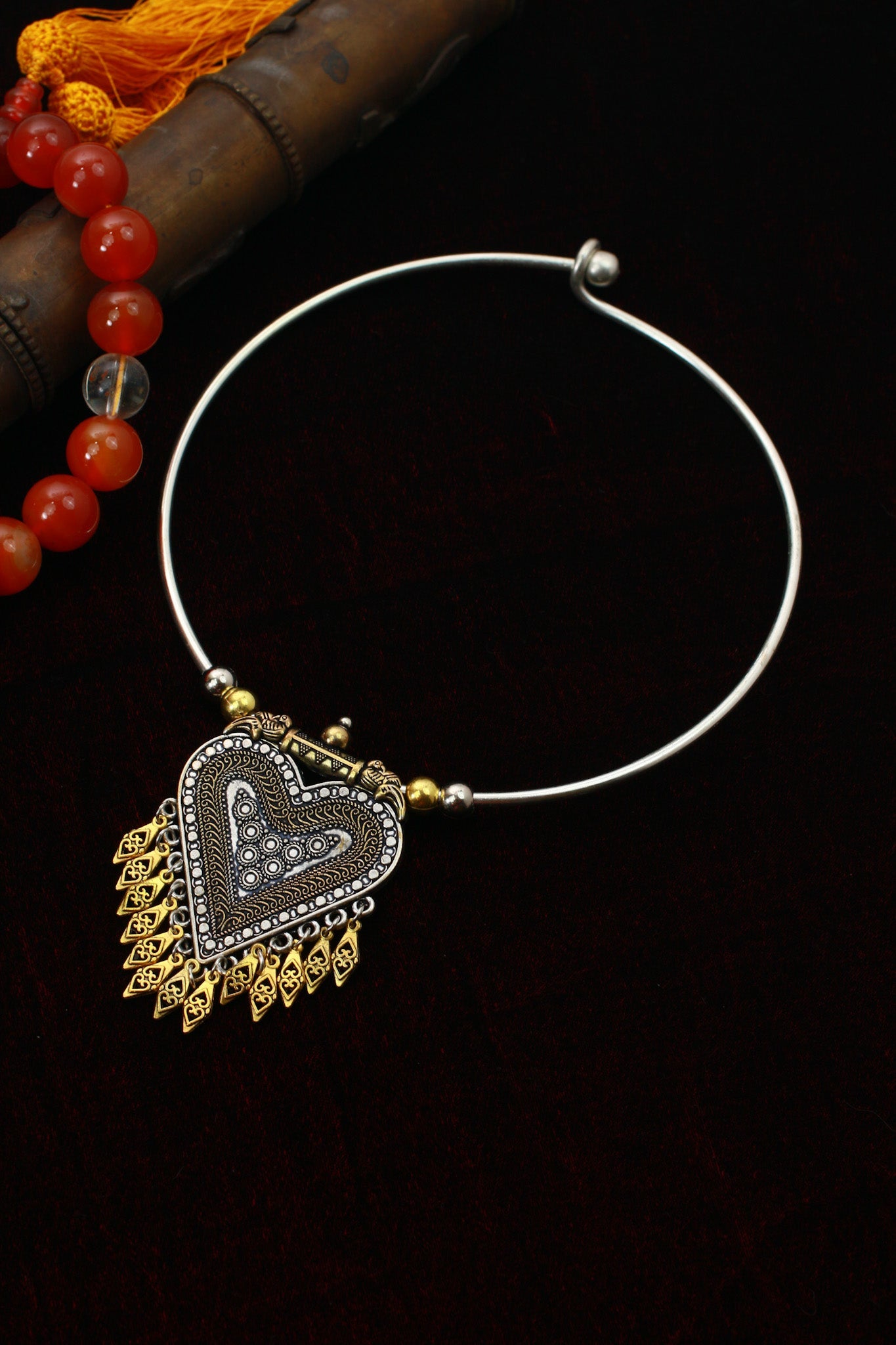 Dual Tone Oxidised German Silver Heart Hansuli Necklace for Women - Maxiblink